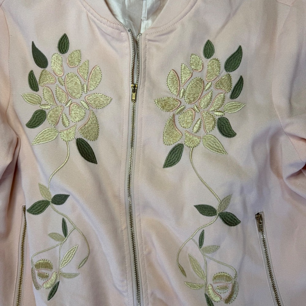Forever 21 Pink Floral Embroidered Bomber Jacket Full Zip Medium Style 19815 - Picture 6 of 7